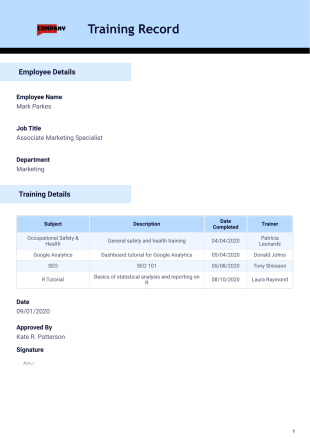 Training Record Template - PDF Templates