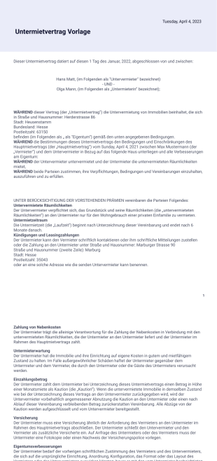 Untermietvertrag Vorlage - PDF Templates