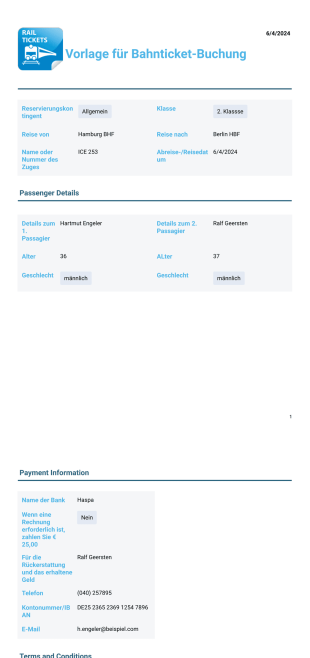 Vorlage für Bahnticket-Buchung - PDF Templates